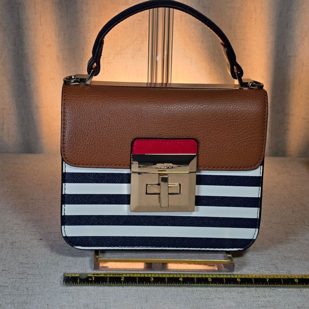 Aldo Striped Nautical Top Handle Mini Crossbody Flap Bag Navy